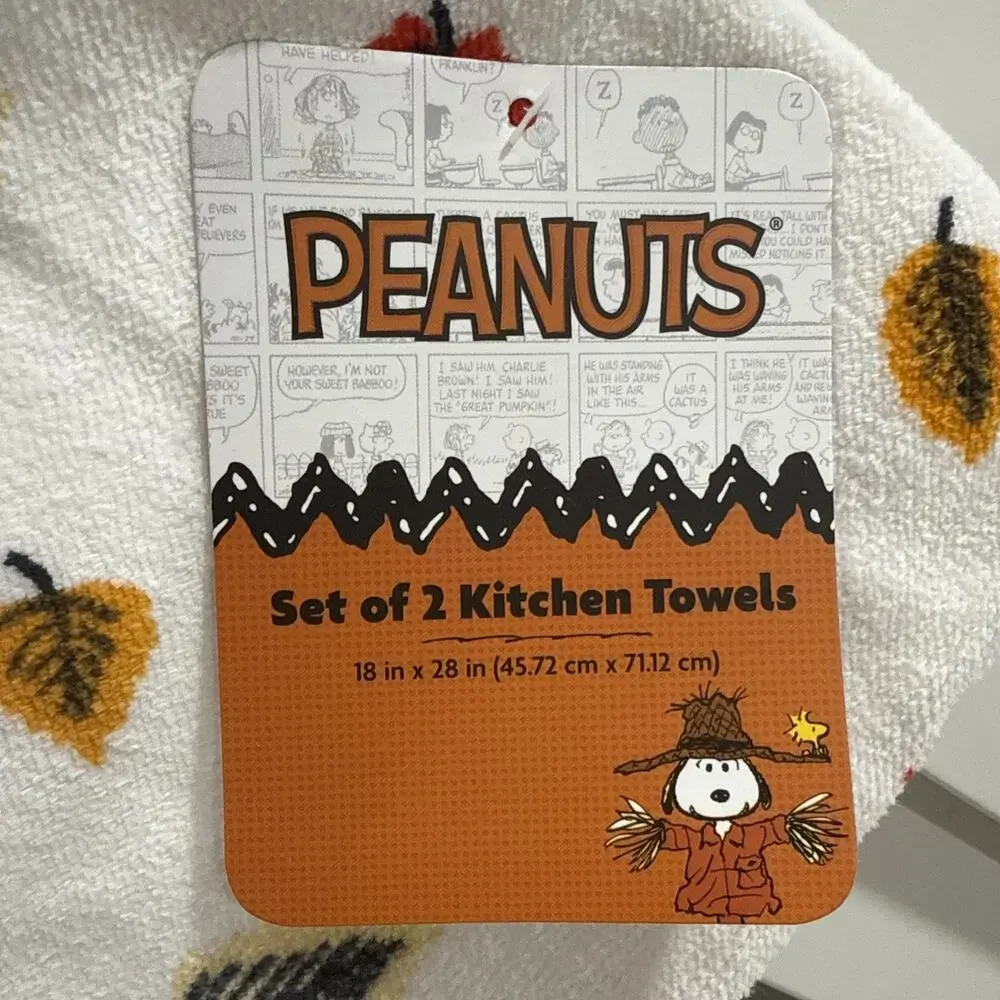 Set 2 Fall Leaves & Pumpkins Peanuts Snoopy & Woodstock Hug Kitchen Towels New